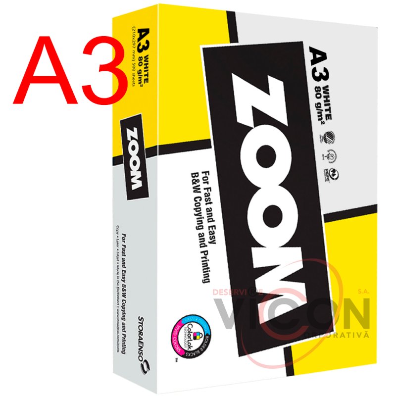 Бумага для принтера А3, ZOOM, 500 листов, 80 гр/м2, Класс C+