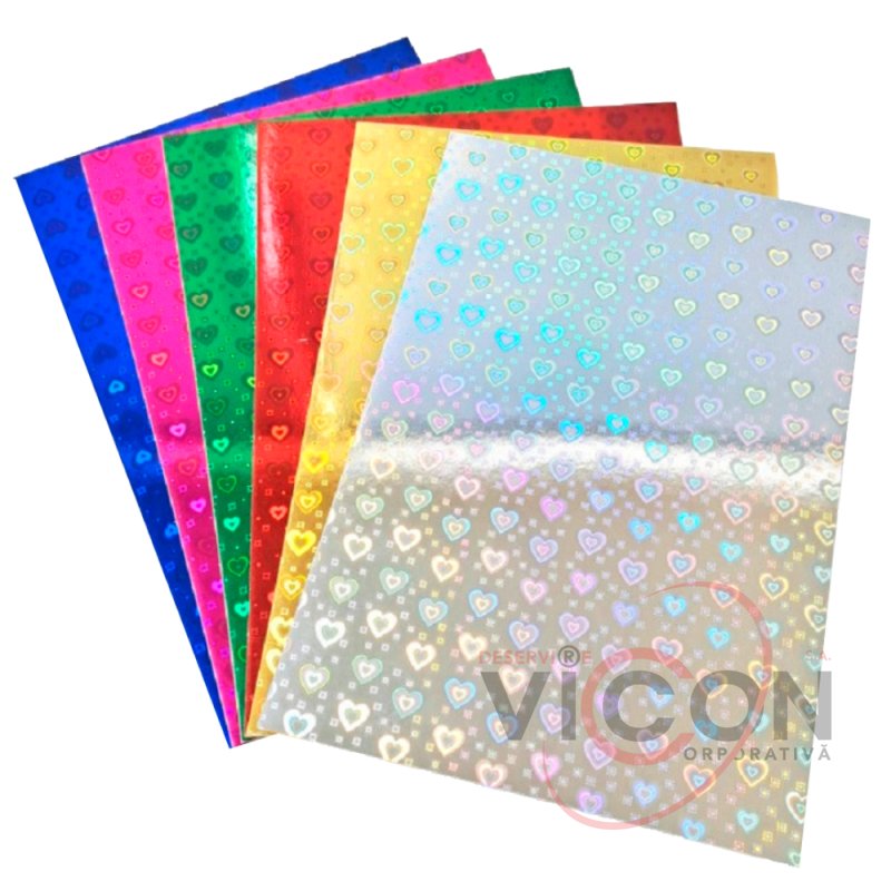 Цветной голографический картон А4, 6 листов, Сердечки 230г/м2